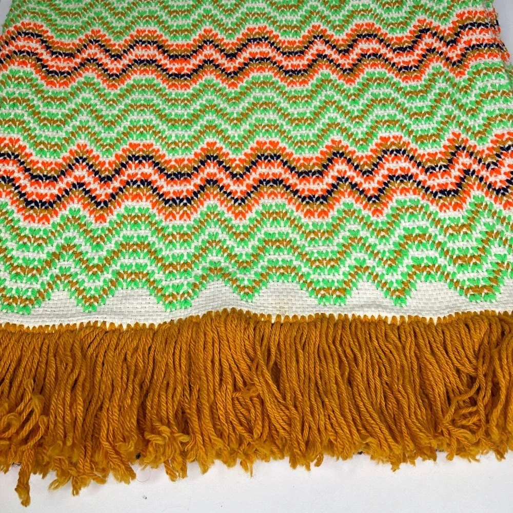 Vtg Zig Zag Knit Handmade Sofa Lap Throw Orange Green 46